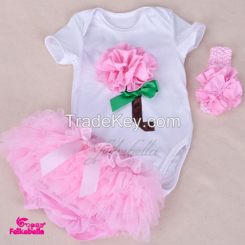 wholesale baby romper kid clothing with match ruffle skirt and bow headband sets baby clothing 3pcs