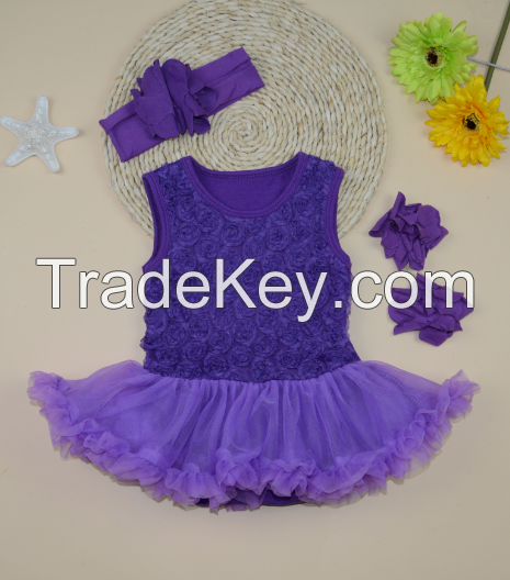 Wholesales retail new baby girls dress sleeveless rosette ruffle romper vestidos with sandal and headband set