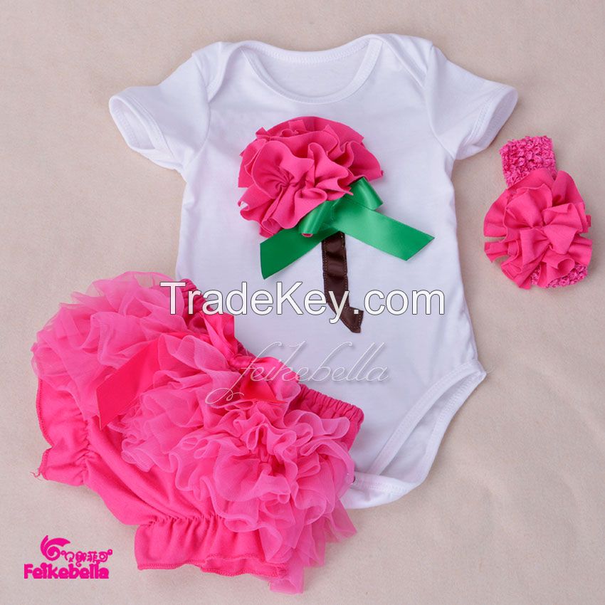 wholesale baby romper kid clothing with match ruffle skirt and bow headband sets baby clothing 3pcs