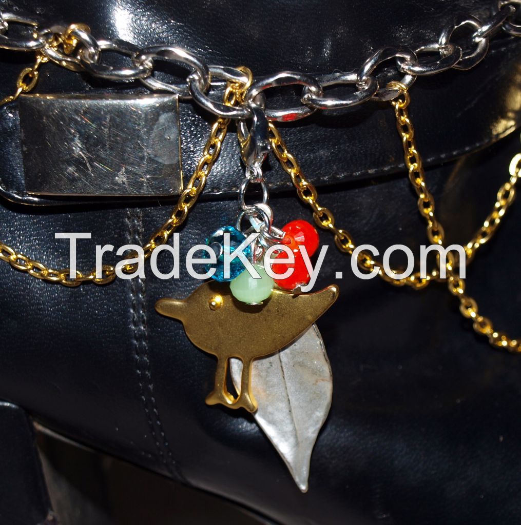 To Walk with Nature Whimsical Bohemian Gold and Silver Chain Boot Charm or Choker with Gold Bird and Silver Leaf and Multi Colored Glass