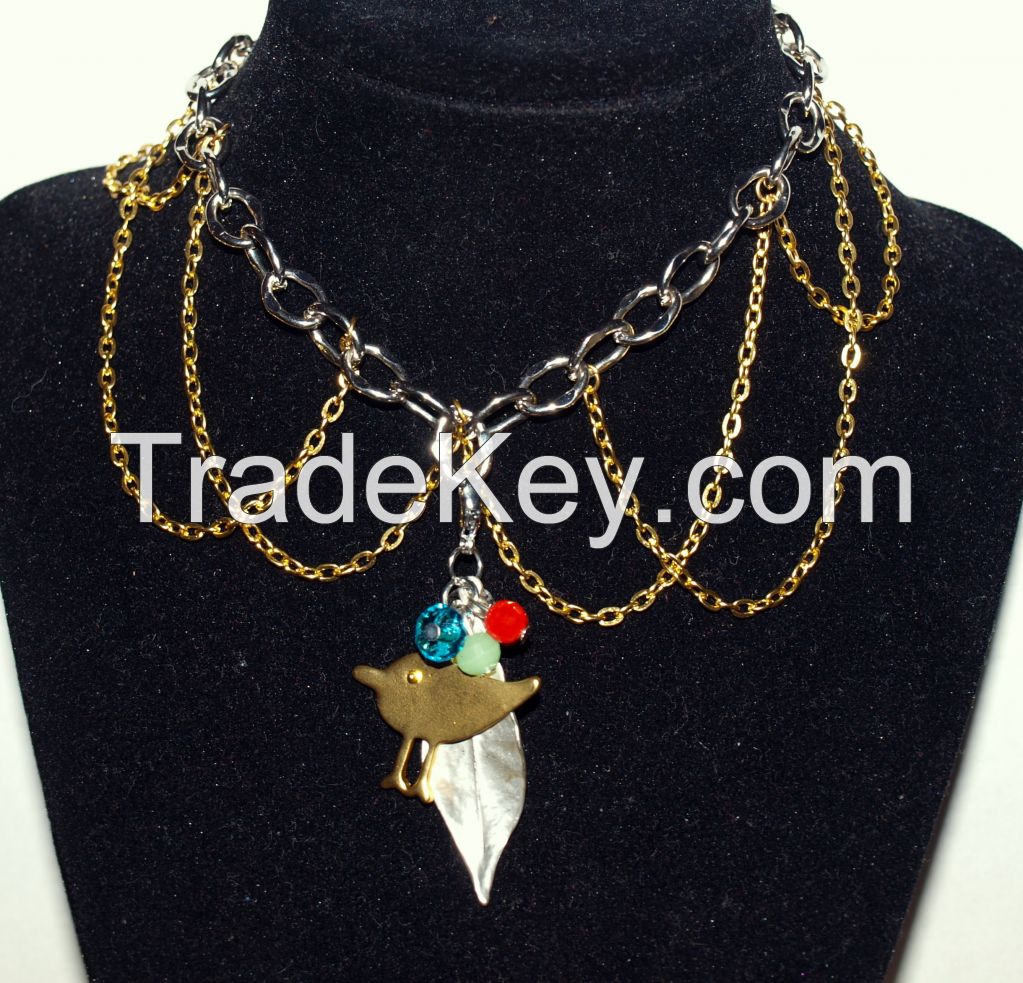 To Walk with Nature Whimsical Bohemian Gold and Silver Chain Boot Charm or Choker with Gold Bird and Silver Leaf and Multi Colored Glass