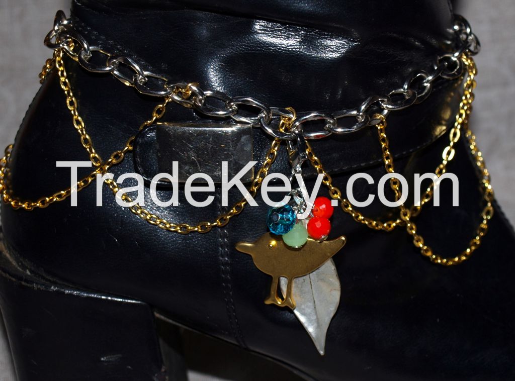 To Walk with Nature Whimsical Bohemian Gold and Silver Chain Boot Charm or Choker with Gold Bird and Silver Leaf and Multi Colored Glass