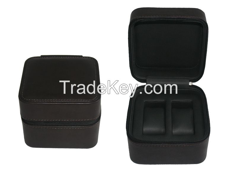 Orange leather watch boxes for 2 watches HA109 black PU and B007 camel suede item#WP