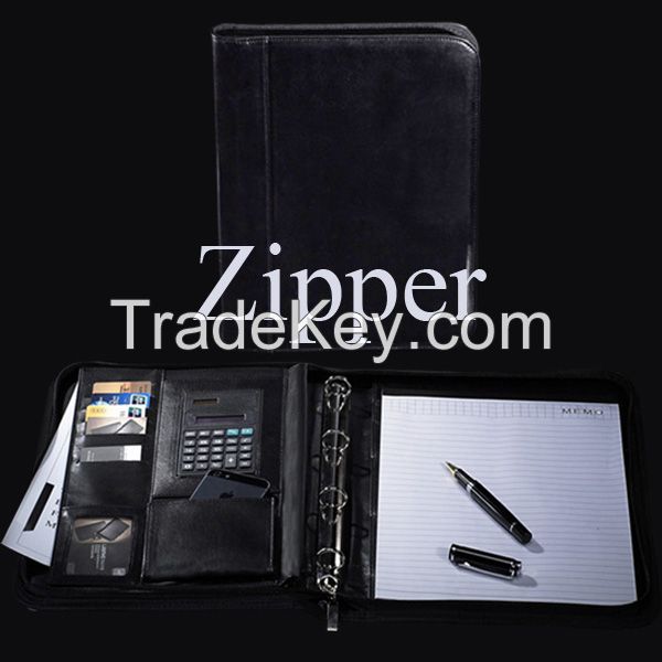 A4 Zipper Conference Padfolio With 4 Ring, Black Business Pu Leather Portfolio For Both Men And Women