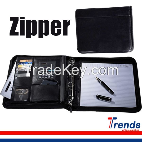 A4 Zipper Conference Padfolio With 4 Ring, Black Business Pu Leather Portfolio For Both Men And Women