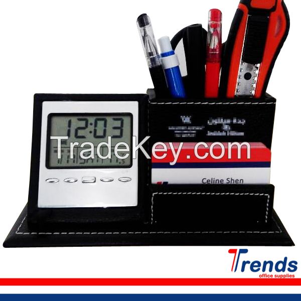 New Products 2015 Innovative Deluxe Desktop Leather Pen Holder With Clock