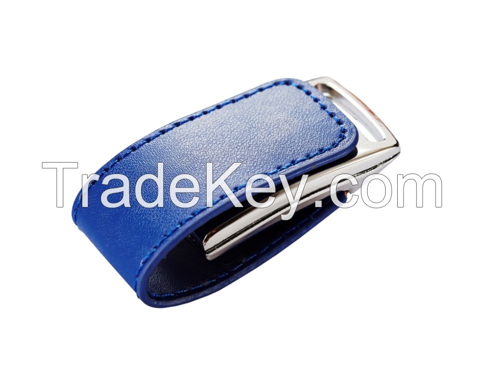 Promotional Leather Blue USB Flash Drives with your Logo - USB 2.0