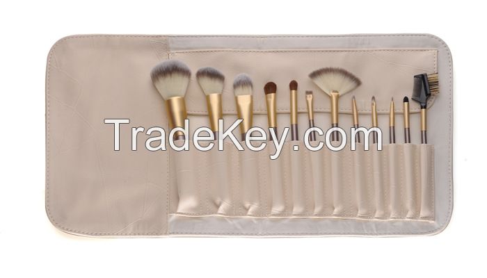 High quality 12pcs Gold-colored makeup brush set with Soft PU bag