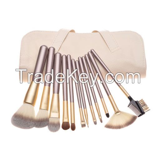 High quality 12pcs Gold-colored makeup brush set with Soft PU bag