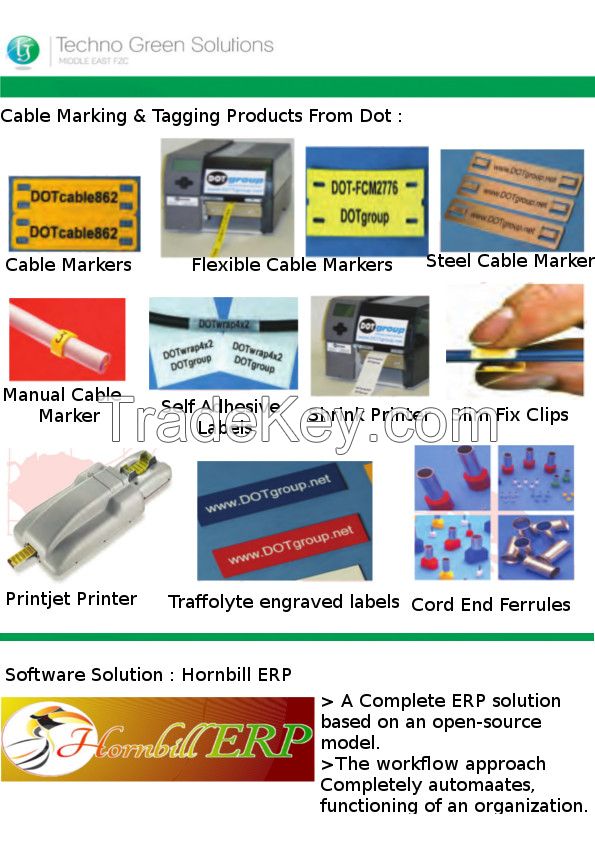 cable markers, stainless steel labels, cable ties, printers, ERP Software, Solar LED's, UPS, CCTV