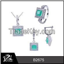 Vintage green cz rhodium plated silver jewelry set