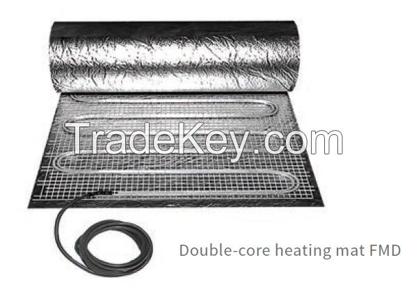 Double-core cable floor heating system installed under laminate, parquet or carpet (Heating mat with aluminum foil FMD)