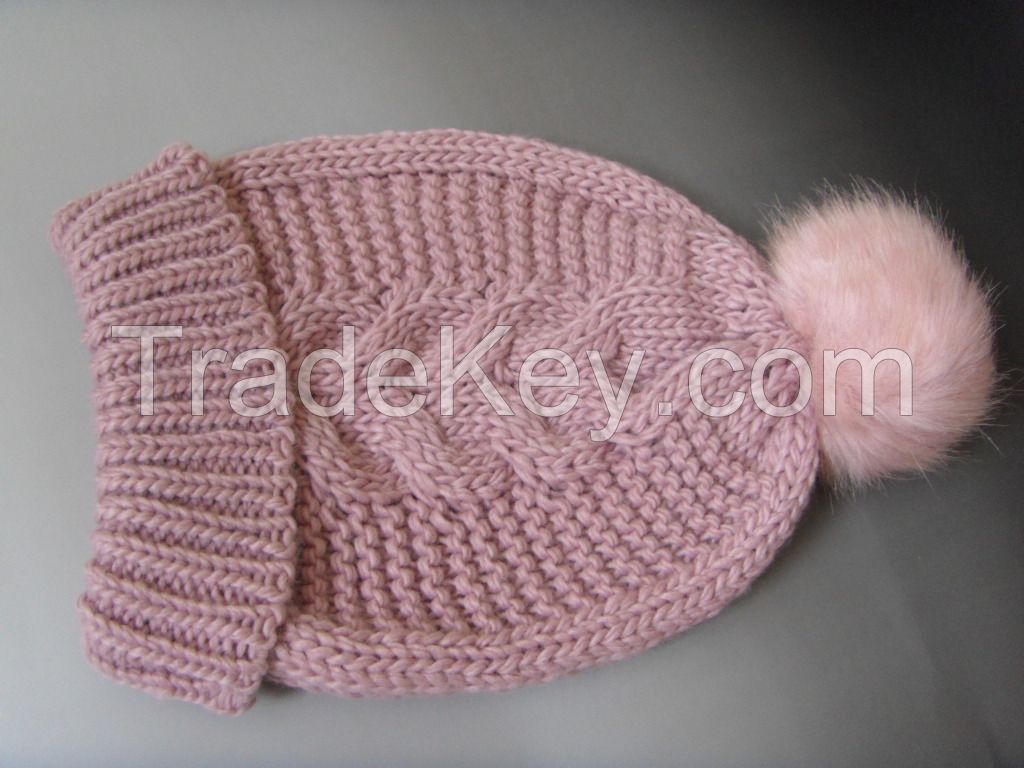 pink hats with fake fur pompom