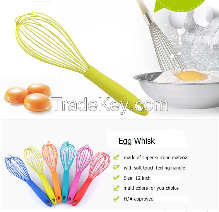 food grade non-stick colorful 12" silicone egg whisk with soft touch handle