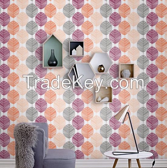 Self adhesive vinyl wallpaper - Leaf wall pattern - 062 Rain cloud/ Wine/ Peach/ Capri