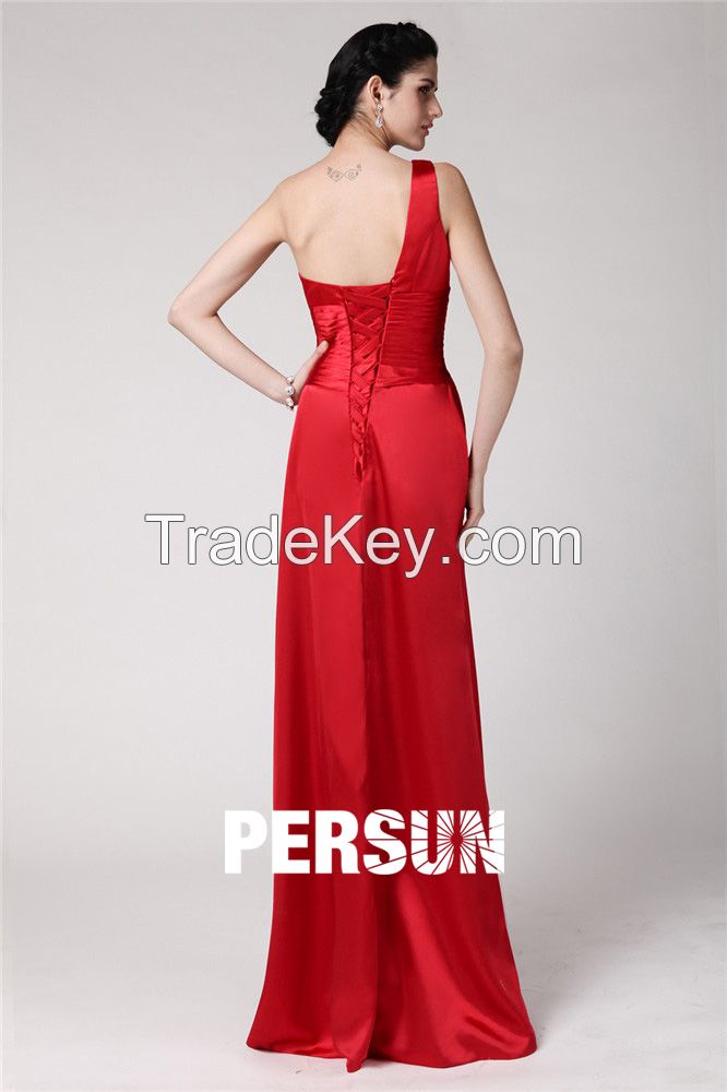 Modern One Shoulder Lace Up Satin Red Long Prom Gown UK