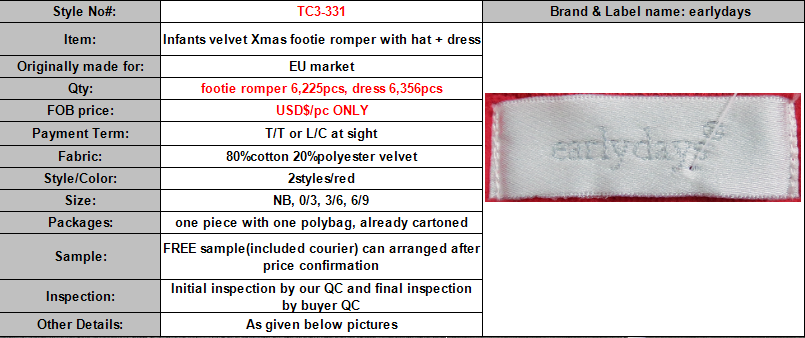 early days brand stock available, 12,581pcs Infants velvet Xmas footie romper with hat+dress TC3-331