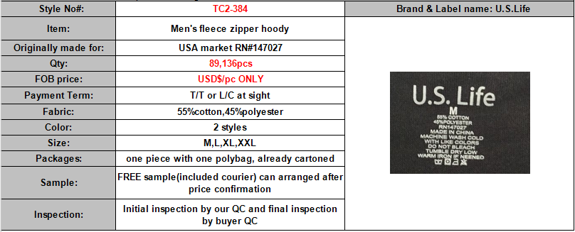 U.S.Life brand stock, 89, 136pcs Men's fleece zipper hoody TC2-384