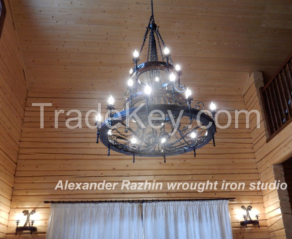 Large wrought iron chandelier, wagon wheel style.20 bulbs.