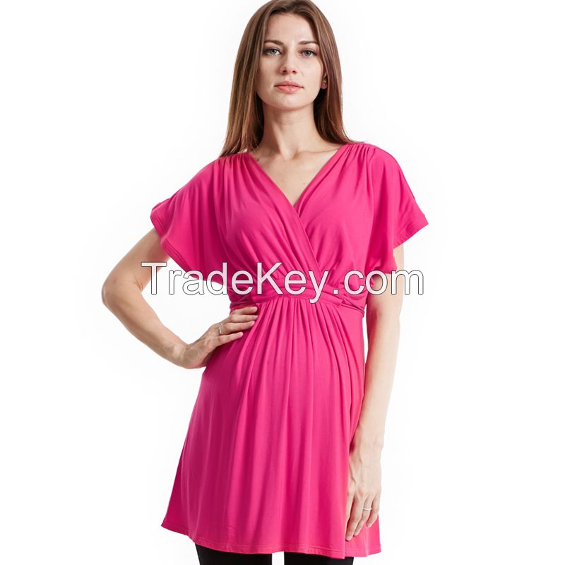 Maternity Basic Blouse Top, V neck Short sleeve in Viscose Tencel Rayon