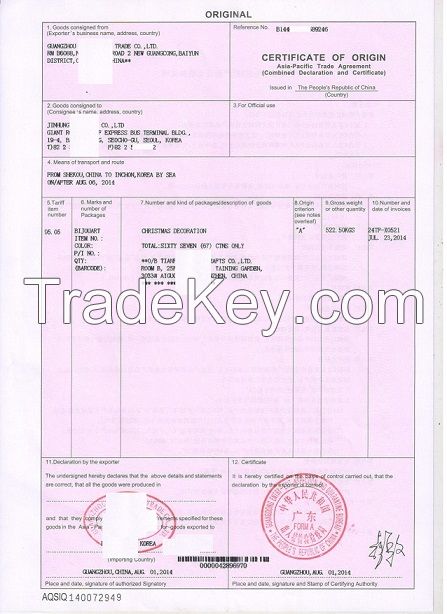 APTA, Certificate of Origin FORM B