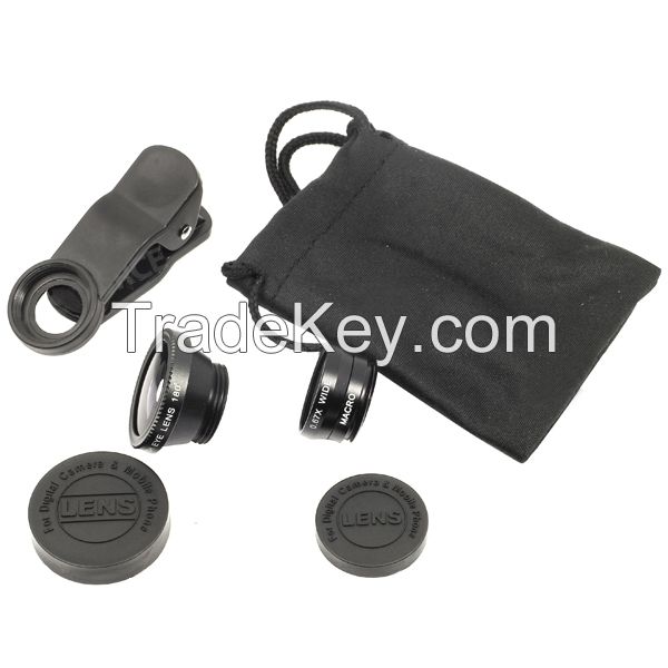 Universal 3 In 1 Clip-on Fish Eye Macro Wide Angle Mobile Phone Lens Camera kit for iPhone 4 5 6 Samsung S4 S5 note2 3 4 Nokia