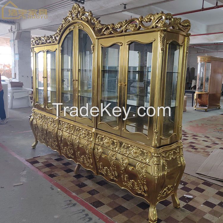 Luxury Wooden Shiny Gold Foil 6 Door Wine Display Cabinet, Royal Living Room Cabinets Antique Solid Wood Oak Traditional