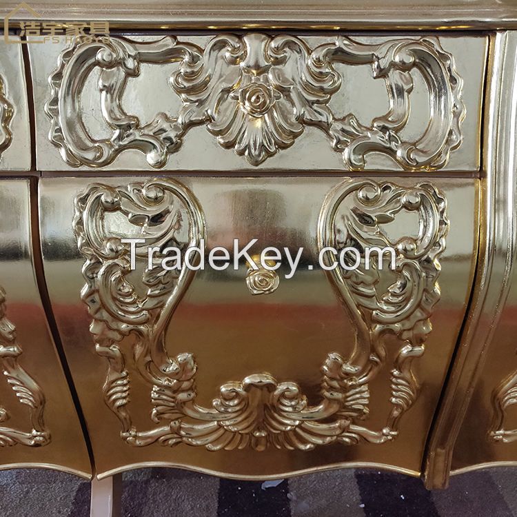 Luxury Wooden Shiny Gold Foil 6 Door Wine Display Cabinet, Royal Living Room Cabinets Antique Solid Wood Oak Traditional