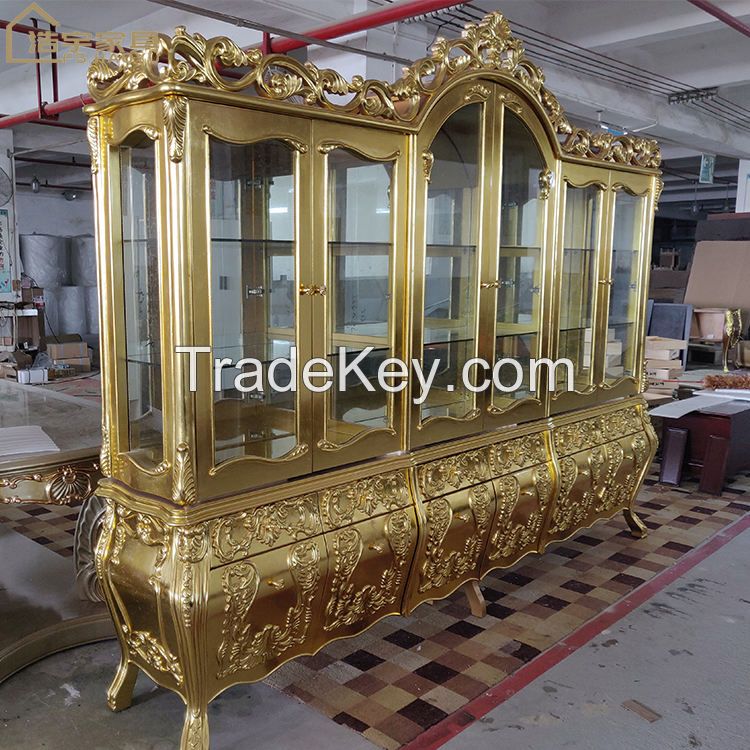 Luxury Wooden Shiny Gold Foil 6 Door Wine Display Cabinet, Royal Living Room Cabinets Antique Solid Wood Oak Traditional