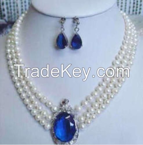 3 rows white pearl sapphire pendant necklace earrings 17"-19"S+FA+A+D+