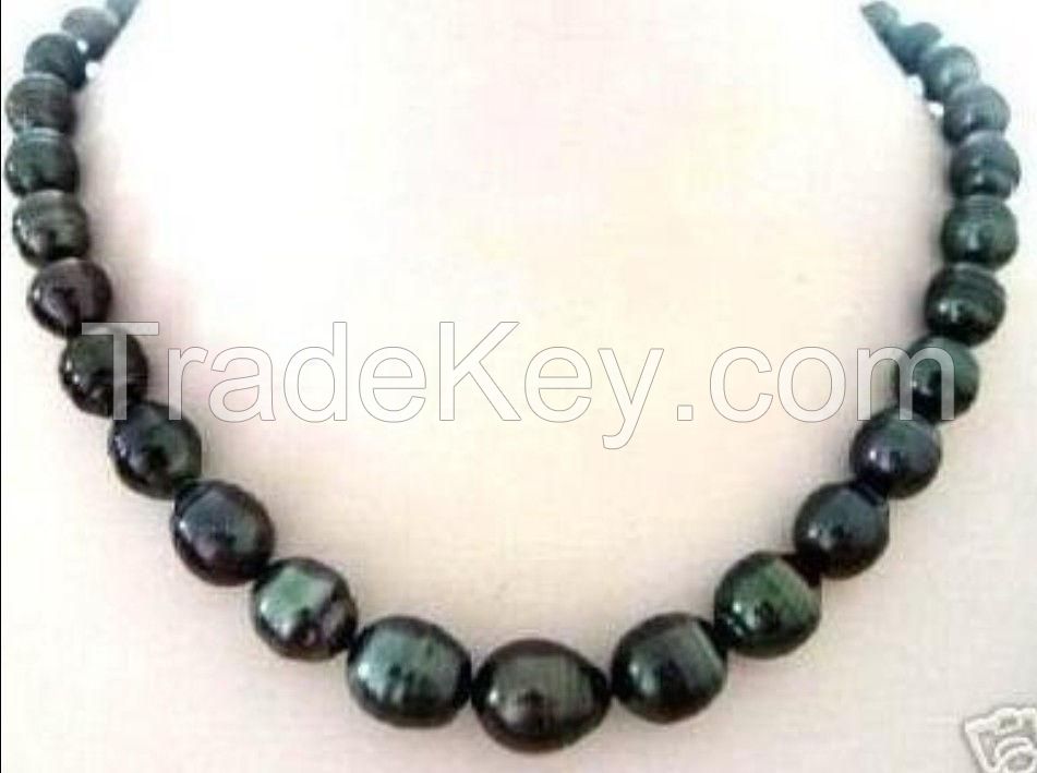 NEW NATURAL 9-10MM TAHITIAN RICE BLACK PEARL NECKLACE 18"