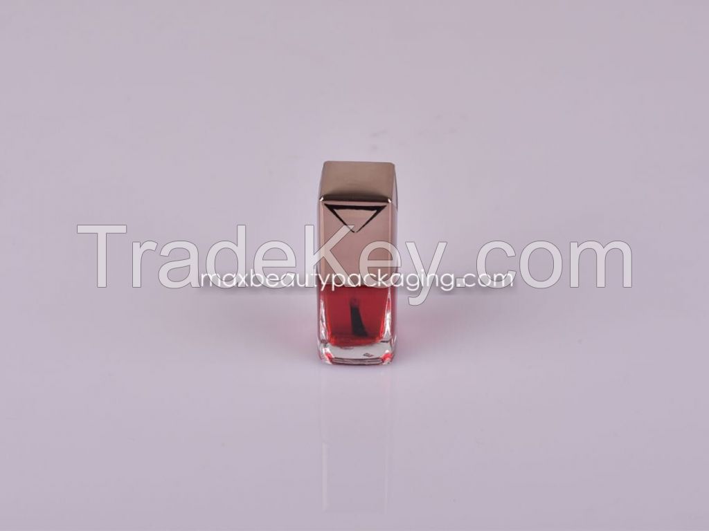 UV metalized gold coating square Nail Polish cap square nail polish bottle 12ml flat brush nail polish packaging