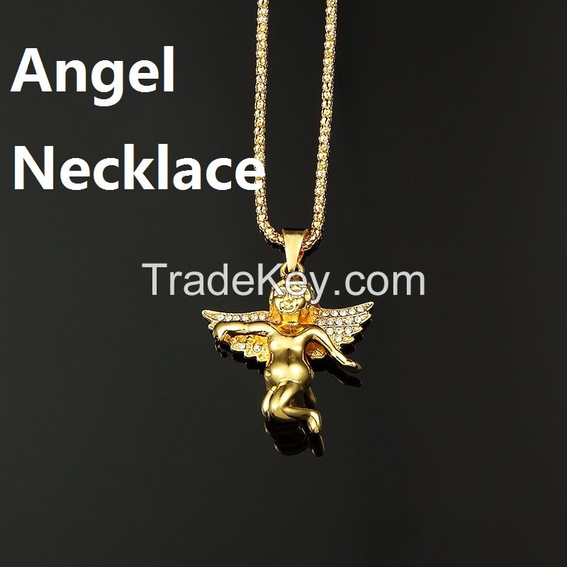  24K Gold Plated Iced Out Baby Angel Pendant & 32inch Box Chain Hiphop Necklace   