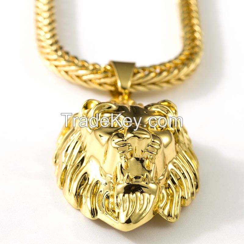 24K Gold Plated Lion Head Charm & 29.5 inch Franco Chain Hiphop Golden Lion Pendant Necklace