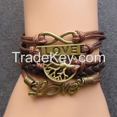 Handmade adjustable cuff leather rope weave rhinestone unisex bracelet