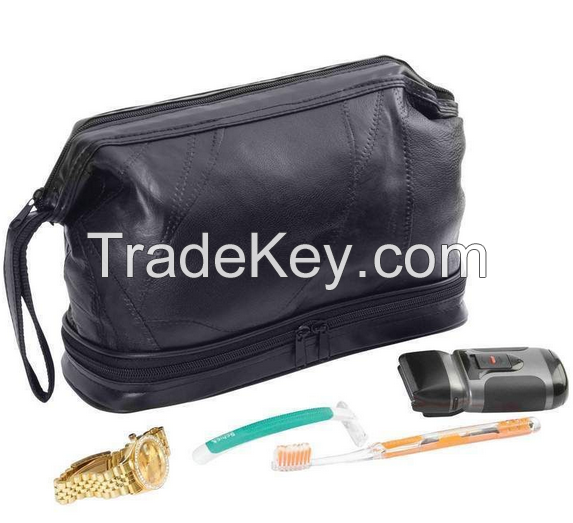 Black Genuine Leather Men's Toiletry Bag / Makeup Case