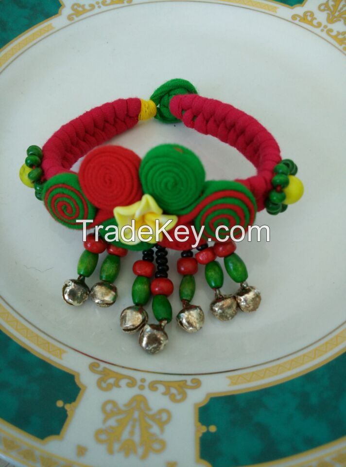 Handmade Folk style fabric Bracelet with small hanging beads