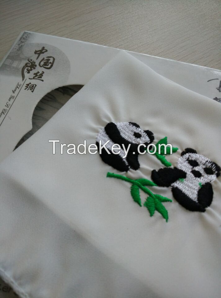 Silk Handkerchief With Manual Embroidery Of Panda Pattern