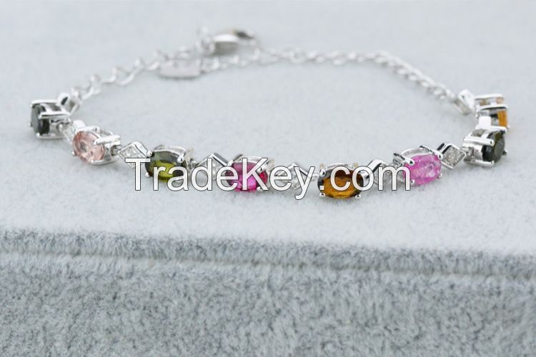 100% 925 sterling silver inlaid gemstone fashion bracelet