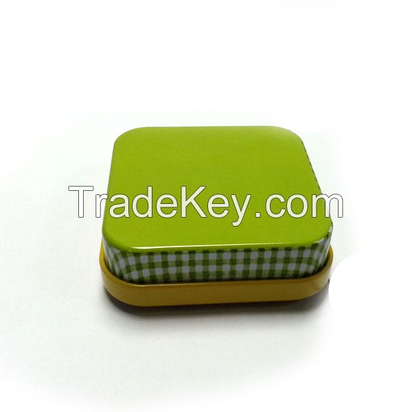 small printed square tin can with window