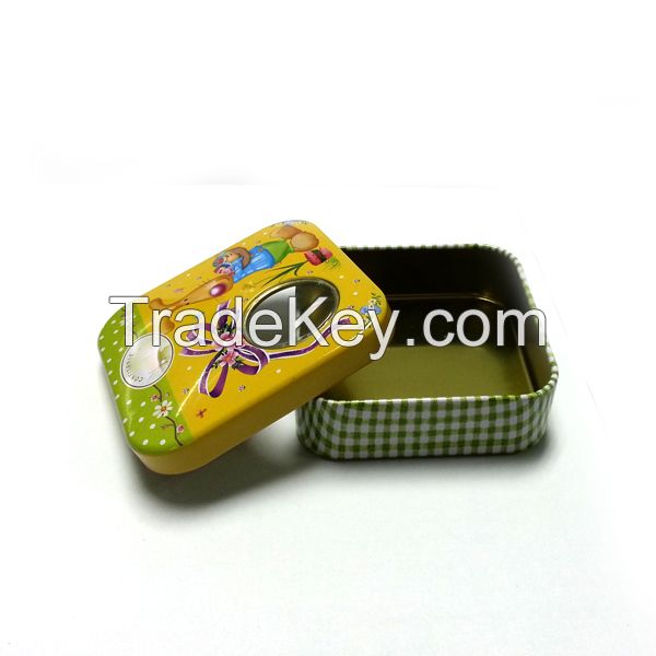 small printed square tin can with window