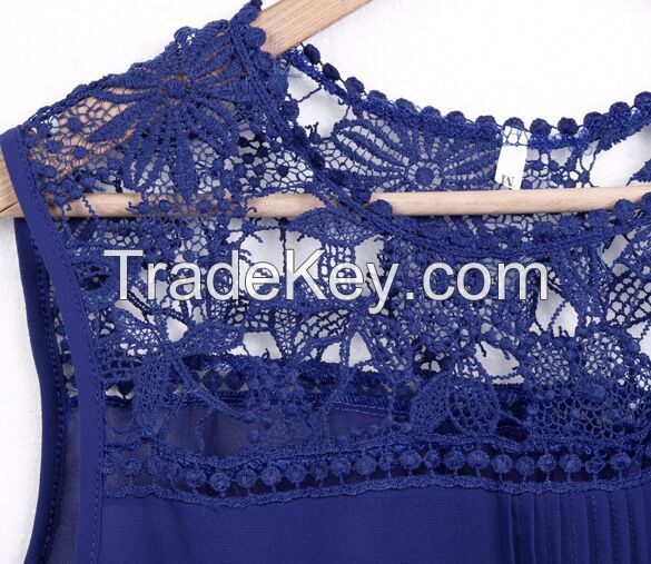 2015 hollow out embroider lace chiffon blouses sleeveless lace shirts plus size lace vest