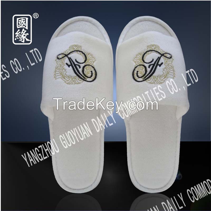 white velvet hotel slipper with embroidery logo