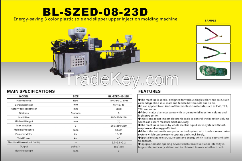 Energy-saving 3 color plastic sole and slipper upper injection molding machine