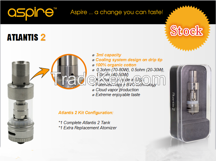 IN STOCK Authentic Aspire Atlantis 2.0 Atomizer Tank 3Ml Pyrex Glass Tube Adjustable Airflow Clearomizer with 0.3ohm Coil