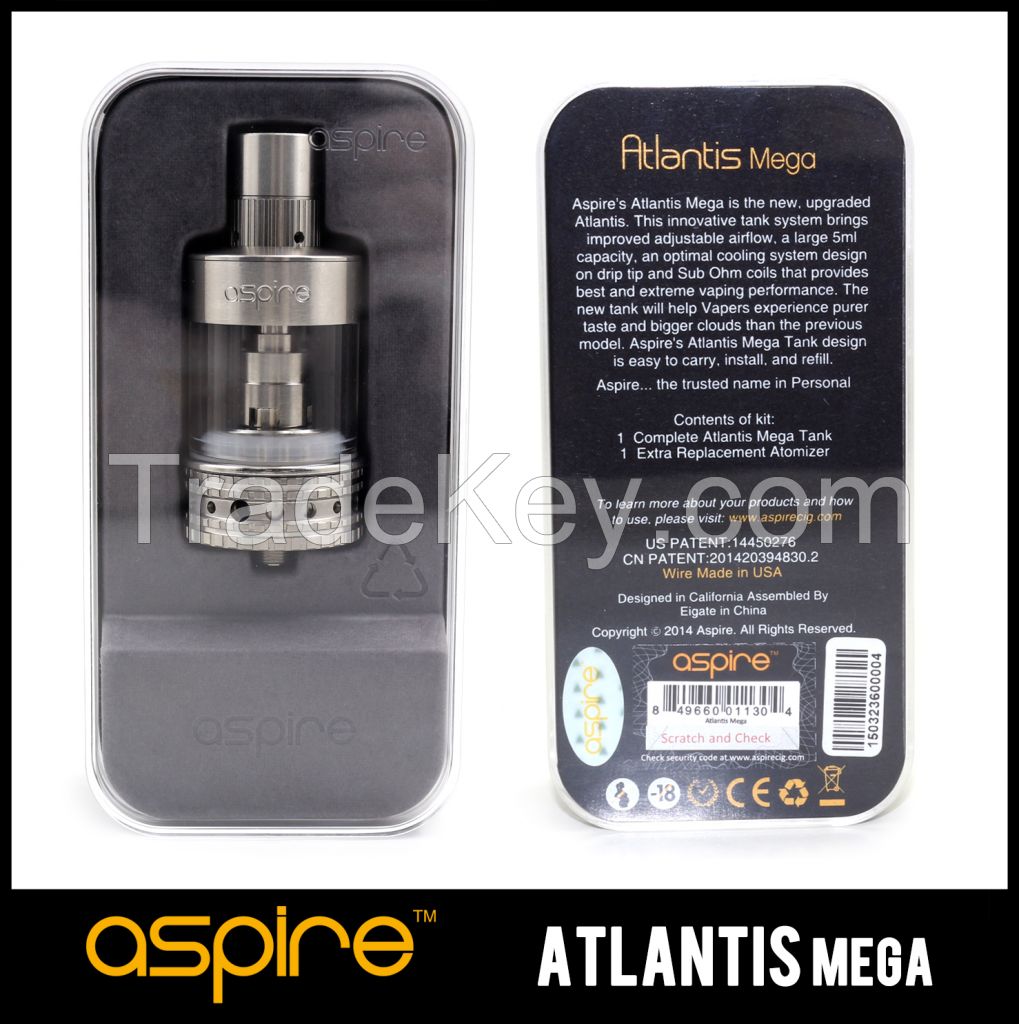 2015 Newest  Aspire Atlantis MEGA Tank 5ML Pyrex Tube Adjustable Airflow Mega Atomizer Organic Cotton BVC Coil 1.0ohm/0.3ohm