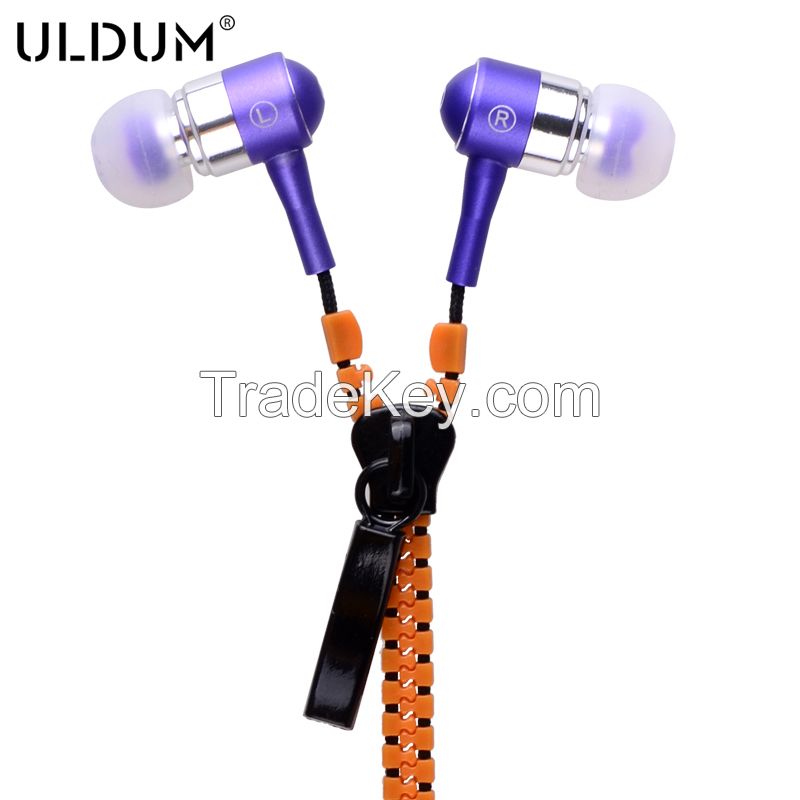 Cheap colorful metal in-ear zipper earphone with mic, headphone for mo