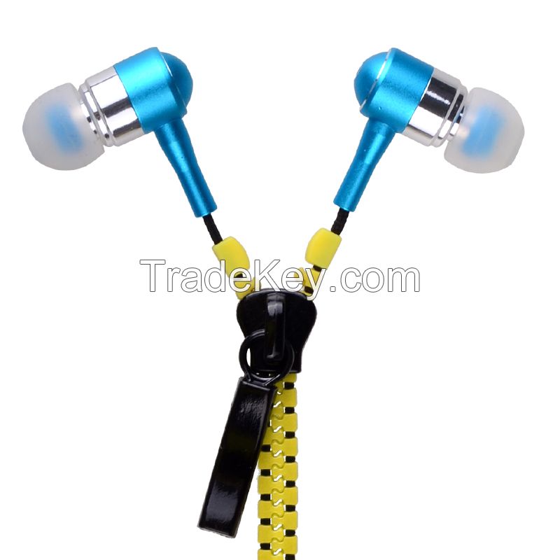 Cheap colorful metal in-ear zipper earphone with mic, headphone for mo