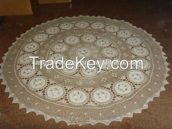 Chinese traditional needlework crocheted tablecloth with ribbon embroidery