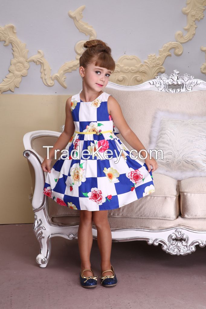 Vintage Flower Plaid Cotton Dress for Kids, Children Frocks Design